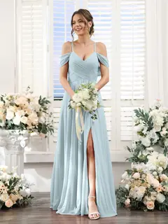 A-Line/Princess V-Neck Spaghetti Straps Floor-Length Chiffon Bridesmaid Dresses with Split Side — view 47