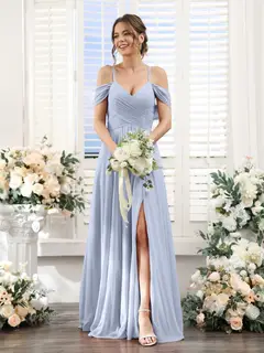 A-Line/Princess V-Neck Spaghetti Straps Floor-Length Chiffon Bridesmaid Dresses with Split Side — view 48