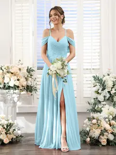 A-Line/Princess V-Neck Spaghetti Straps Floor-Length Chiffon Bridesmaid Dresses with Split Side — view 49