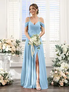 A-Line/Princess V-Neck Spaghetti Straps Floor-Length Chiffon Bridesmaid Dresses with Split Side — view 50