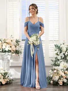A-Line/Princess V-Neck Spaghetti Straps Floor-Length Chiffon Bridesmaid Dresses with Split Side — view 51