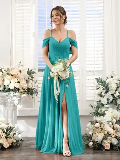 A-Line/Princess V-Neck Spaghetti Straps Floor-Length Chiffon Bridesmaid Dresses with Split Side — view 52