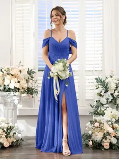 A-Line/Princess V-Neck Spaghetti Straps Floor-Length Chiffon Bridesmaid Dresses with Split Side — view 54