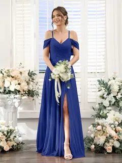 A-Line/Princess V-Neck Spaghetti Straps Floor-Length Chiffon Bridesmaid Dresses with Split Side — view 56
