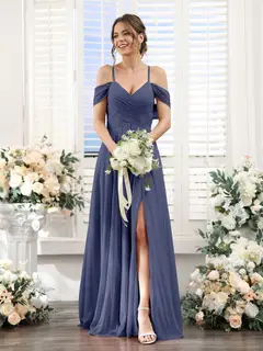 A-Line/Princess V-Neck Spaghetti Straps Floor-Length Chiffon Bridesmaid Dresses with Split Side — view 57