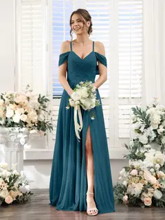 A-Line/Princess V-Neck Spaghetti Straps Floor-Length Chiffon Bridesmaid Dresses with Split Side — view 58