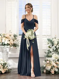 A-Line/Princess V-Neck Spaghetti Straps Floor-Length Chiffon Bridesmaid Dresses with Split Side — view 59