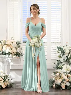 A-Line/Princess V-Neck Spaghetti Straps Floor-Length Chiffon Bridesmaid Dresses with Split Side — view 60
