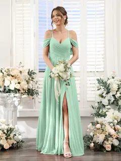A-Line/Princess V-Neck Spaghetti Straps Floor-Length Chiffon Bridesmaid Dresses with Split Side — view 61