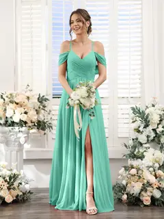 A-Line/Princess V-Neck Spaghetti Straps Floor-Length Chiffon Bridesmaid Dresses with Split Side — view 62