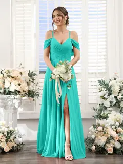 A-Line/Princess V-Neck Spaghetti Straps Floor-Length Chiffon Bridesmaid Dresses with Split Side — view 63