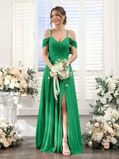 A-Line/Princess V-Neck Spaghetti Straps Floor-Length Chiffon Bridesmaid Dresses with Split Side — view 64
