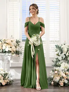 A-Line/Princess V-Neck Spaghetti Straps Floor-Length Chiffon Bridesmaid Dresses with Split Side — view 65