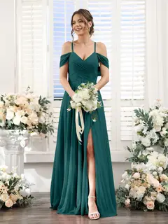 A-Line/Princess V-Neck Spaghetti Straps Floor-Length Chiffon Bridesmaid Dresses with Split Side — view 66