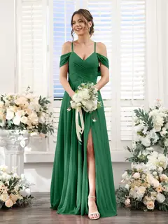 A-Line/Princess V-Neck Spaghetti Straps Floor-Length Chiffon Bridesmaid Dresses with Split Side — view 67
