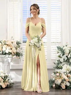 A-Line/Princess V-Neck Spaghetti Straps Floor-Length Chiffon Bridesmaid Dresses with Split Side — view 68