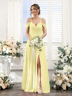 A-Line/Princess V-Neck Spaghetti Straps Floor-Length Chiffon Bridesmaid Dresses with Split Side — view 69
