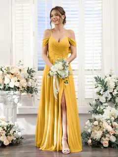 A-Line/Princess V-Neck Spaghetti Straps Floor-Length Chiffon Bridesmaid Dresses with Split Side — view 70