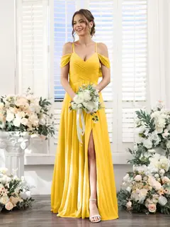 A-Line/Princess V-Neck Spaghetti Straps Floor-Length Chiffon Bridesmaid Dresses with Split Side — view 71