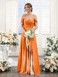 A-Line/Princess V-Neck Spaghetti Straps Floor-Length Chiffon Bridesmaid Dresses with Split Side — view 72