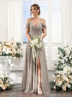 A-Line/Princess V-Neck Spaghetti Straps Floor-Length Chiffon Bridesmaid Dresses with Split Side — view 73
