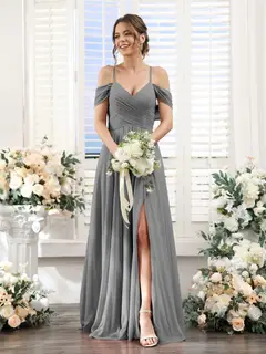 A-Line/Princess V-Neck Spaghetti Straps Floor-Length Chiffon Bridesmaid Dresses with Split Side — view 75