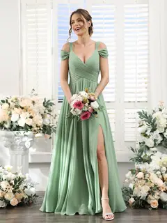 A-Line/Princess V-Neck Floor-Length Chiffon Bridesmaid Dresses with Split Side & Ruched — view 1