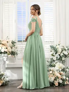 A-Line/Princess V-Neck Floor-Length Chiffon Bridesmaid Dresses with Split Side & Ruched — view 2
