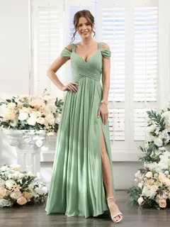 A-Line/Princess V-Neck Floor-Length Chiffon Bridesmaid Dresses with Split Side & Ruched — view 3