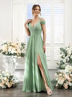 A-Line/Princess V-Neck Floor-Length Chiffon Bridesmaid Dresses with Split Side & Ruched — view 4