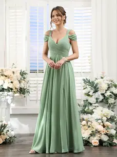 A-Line/Princess V-Neck Floor-Length Chiffon Bridesmaid Dresses with Split Side & Ruched — view 6