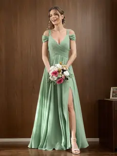 A-Line/Princess V-Neck Floor-Length Chiffon Bridesmaid Dresses with Split Side & Ruched — view 7