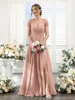 A-Line/Princess V-Neck Floor-Length Chiffon Bridesmaid Dresses with Split Side & Ruched — view 8