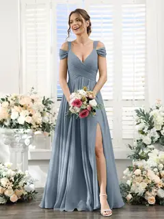 A-Line/Princess V-Neck Floor-Length Chiffon Bridesmaid Dresses with Split Side & Ruched — view 9