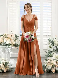 A-Line/Princess V-Neck Floor-Length Chiffon Bridesmaid Dresses with Split Side & Ruched — view 10