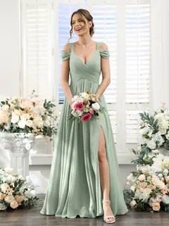 A-Line/Princess V-Neck Floor-Length Chiffon Bridesmaid Dresses with Split Side & Ruched — view 11