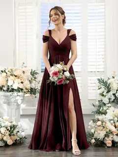A-Line/Princess V-Neck Floor-Length Chiffon Bridesmaid Dresses with Split Side & Ruched — view 13