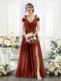 A-Line/Princess V-Neck Floor-Length Chiffon Bridesmaid Dresses with Split Side & Ruched — view 14