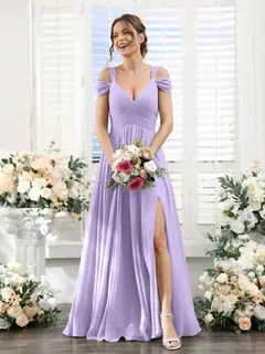 A-Line/Princess V-Neck Floor-Length Chiffon Bridesmaid Dresses with Split Side & Ruched — view 15
