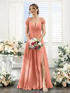 A-Line/Princess V-Neck Floor-Length Chiffon Bridesmaid Dresses with Split Side & Ruched — view 16
