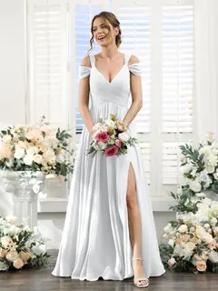 A-Line/Princess V-Neck Floor-Length Chiffon Bridesmaid Dresses with Split Side & Ruched — view 19
