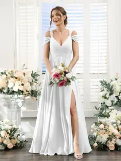 A-Line/Princess V-Neck Floor-Length Chiffon Bridesmaid Dresses with Split Side & Ruched — view 20