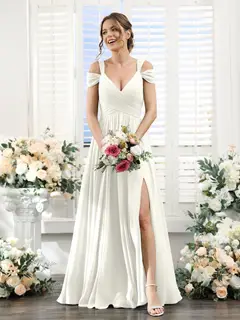 A-Line/Princess V-Neck Floor-Length Chiffon Bridesmaid Dresses with Split Side & Ruched — view 21