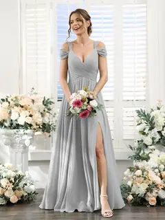 A-Line/Princess V-Neck Floor-Length Chiffon Bridesmaid Dresses with Split Side & Ruched — view 22