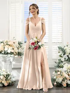 A-Line/Princess V-Neck Floor-Length Chiffon Bridesmaid Dresses with Split Side & Ruched — view 23