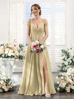 A-Line/Princess V-Neck Floor-Length Chiffon Bridesmaid Dresses with Split Side & Ruched — view 24