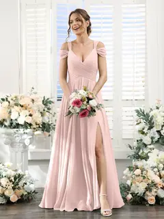 A-Line/Princess V-Neck Floor-Length Chiffon Bridesmaid Dresses with Split Side & Ruched — view 26