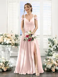 A-Line/Princess V-Neck Floor-Length Chiffon Bridesmaid Dresses with Split Side & Ruched — view 27