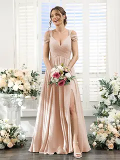 A-Line/Princess V-Neck Floor-Length Chiffon Bridesmaid Dresses with Split Side & Ruched — view 28