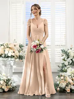 A-Line/Princess V-Neck Floor-Length Chiffon Bridesmaid Dresses with Split Side & Ruched — view 29